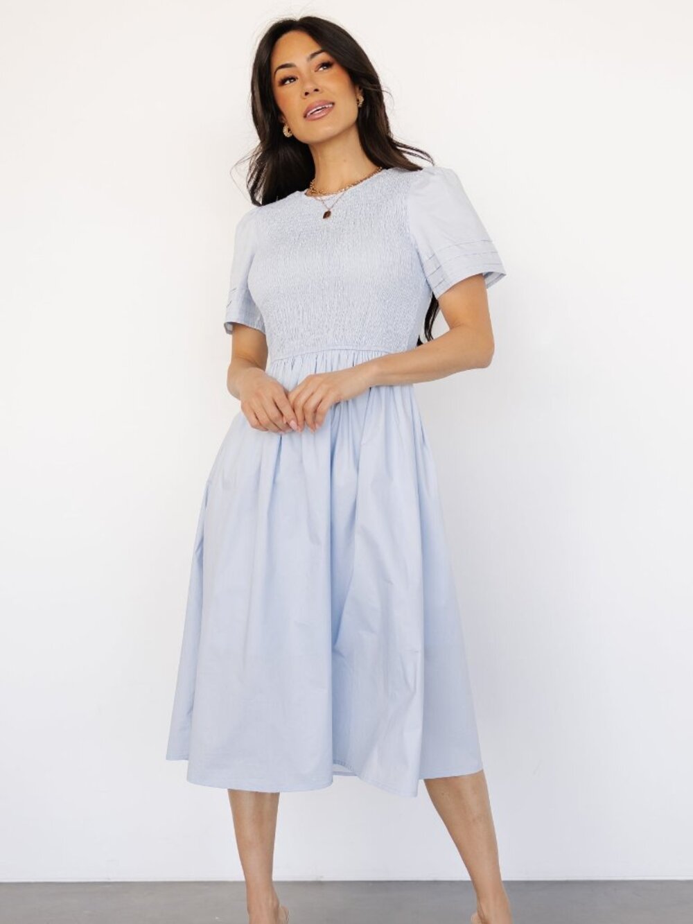 Baltic Born Farrah Smocked Midi Dress | Light Blue Size LL